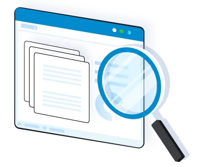 Illustration of documents in a browser window with a magnifying glass.