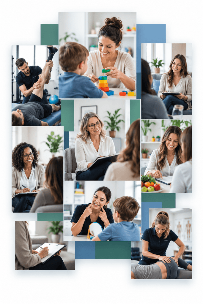 counselors, mental health therapists, speech therapists, occupational therapists and physical therapists collage