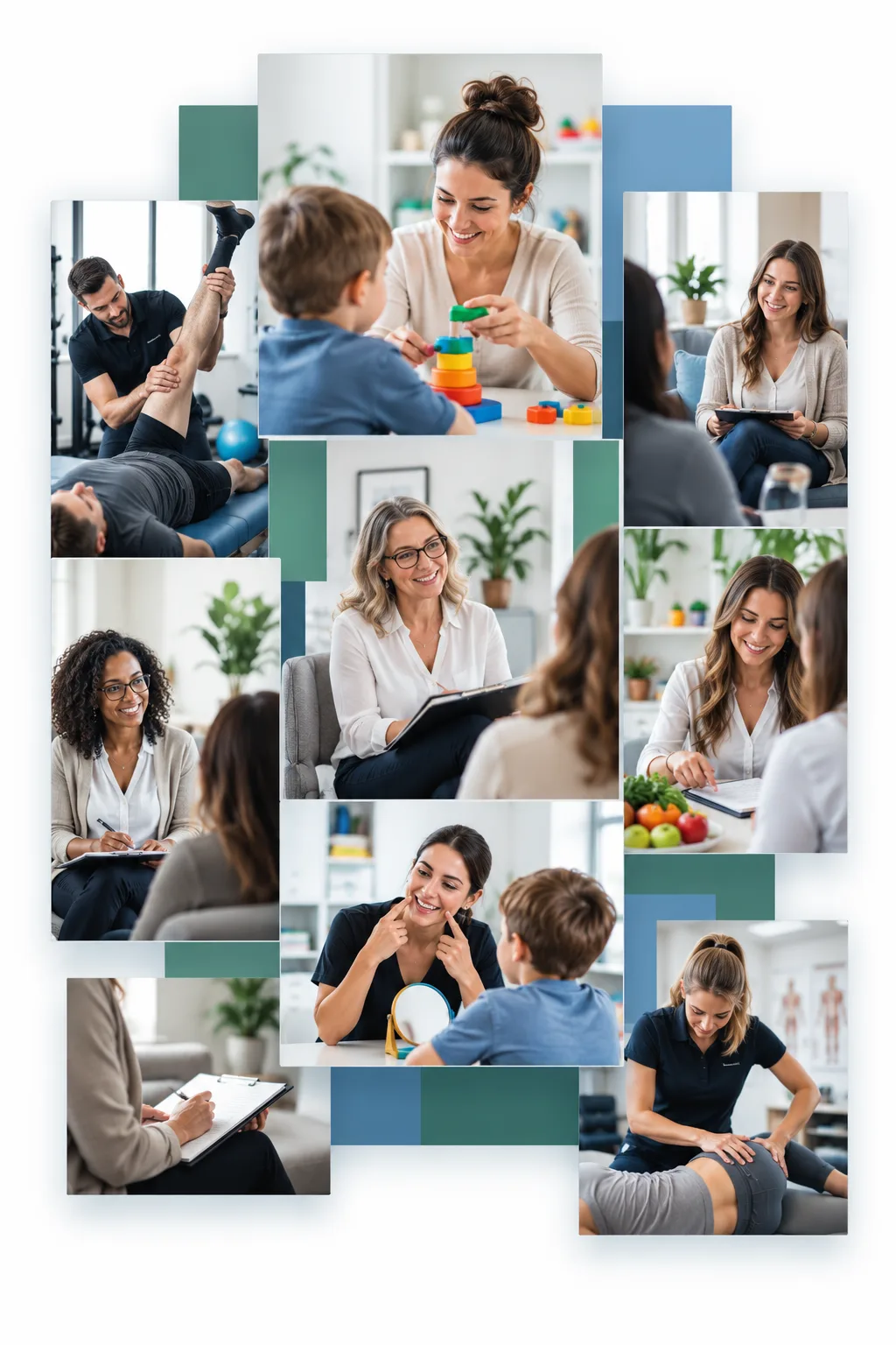 counselors, mental health therapists, speech therapists, occupational therapists and physical therapists collage